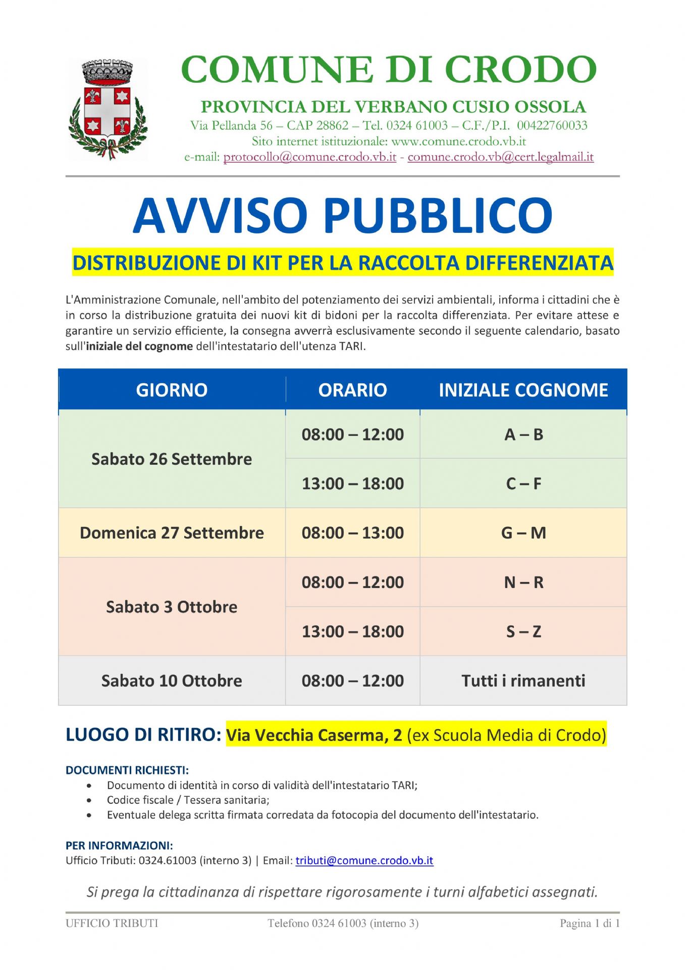 Avviso pubblico distribuzione di kit per la raccolta differenziata