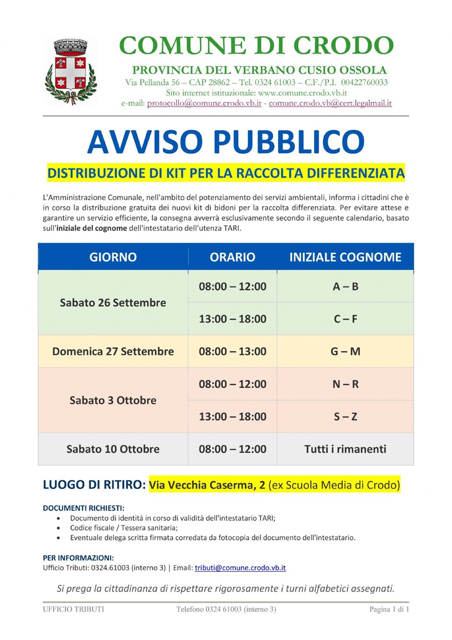 Avviso pubblico distribuzione di kit per la raccolta differenziata